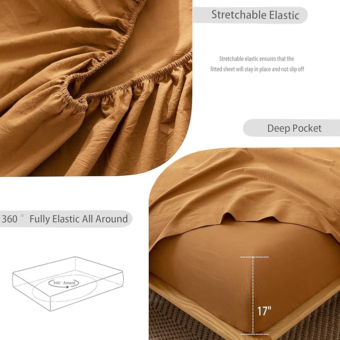 MooMee Fitted Bottom Sheet Only 100% Washed Cotton Linen Like Textured - Image 5