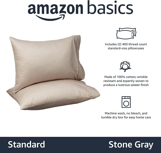 Amazon Basics 400 Thread Count Cotton Pillow Cases, Stone Gray - Image 2