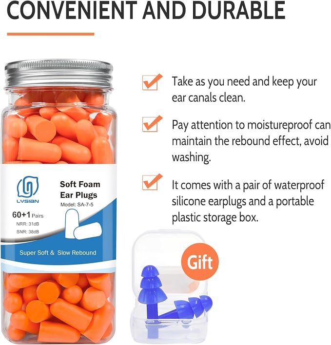 LYSIAN Soft Foam Earplugs 38dB SNR, 60 Pairs, Disposable Noise Cancelling Ear - Image 8