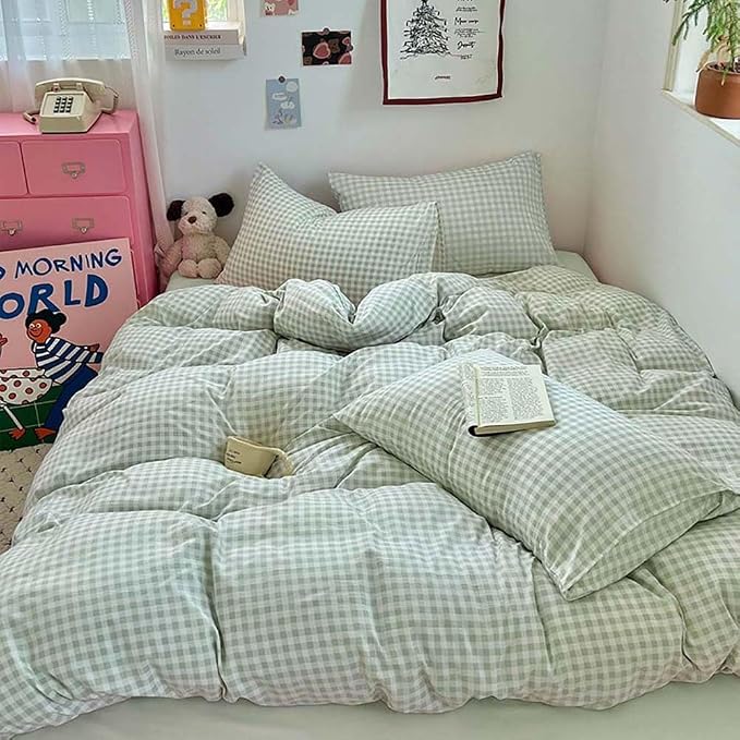Nayoroom Green Gingham Duvet Cover Full Size Plaid Dorm Bedding Set 3 Pieces - Image 5