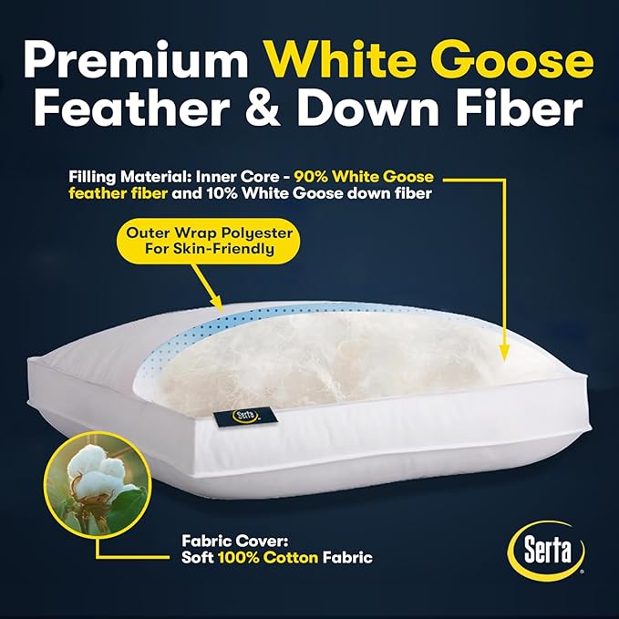 Serta Hotel Collection Pillows King Size Set of 2 White Goose Feather Down - Image 3