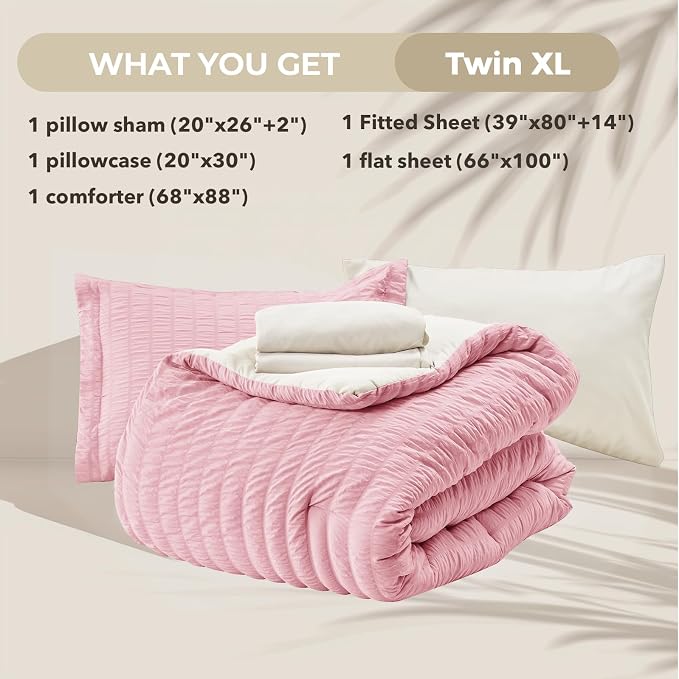 HYMOKEGE Pink/Ivory Twin XL Comforter Set Seersucker 5 Pieces, All Season - Image 6