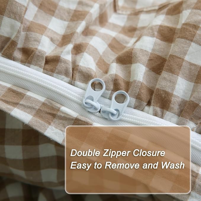 Silnuo Taupe/White Plaid Ruffle Duvet Cover Twin Size, 100% Washed Cotton 3 Pcs - Image 5
