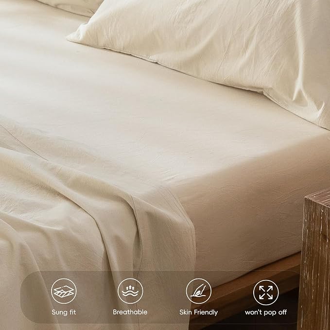 MooMee Fitted Bottom Sheet Only 100% Washed Cotton Linen Like Textured - Image 5