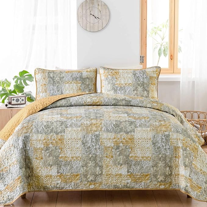 Mybedsoul Yellow Boho Quilt Set King Size 3 Pieces Grey and Yellow Plaid Floral by Mybedsoul