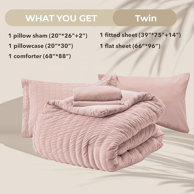 HYMOKEGE Rose Gold Twin Comforter Set Seersucker 5 Pieces, All Season Luxury - Image 5