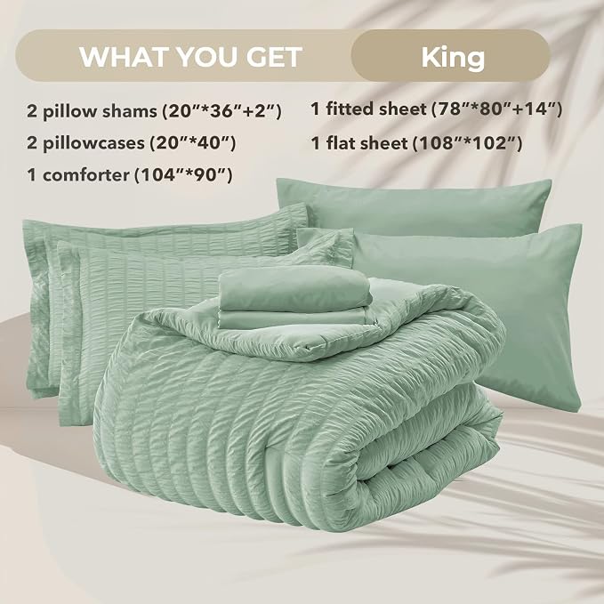 HYMOKEGE Sage Green King Size Comforter Set Seersucker 7 Pieces, All Season - Image 5