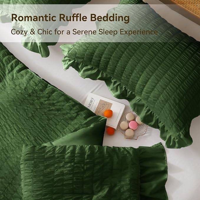 JOLLYVOGUE Dark Green King Comforter Set, 3 Pieces Seersucker Comforters King - Image 5