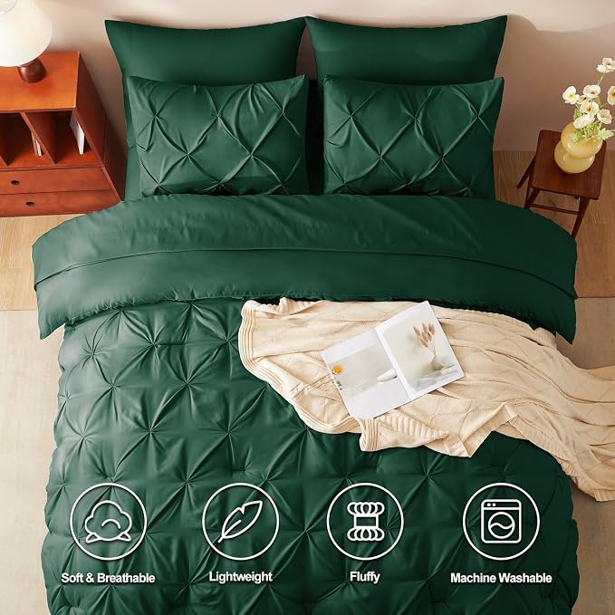 HIMEET Pintuck Bed in a Bag, 7 Pieces Full Size Comforter Set Emerald Green - Image 2