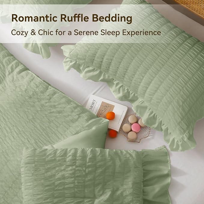JOLLYVOGUE Sage Green King Comforter Set, 3 Pieces Seersucker Comforters King - Image 4
