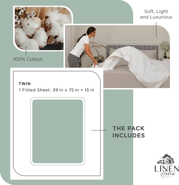 Linen Home 100% Cotton Percale Weave Fitted Sheet, Twin Size, Frosty Green - Image 6