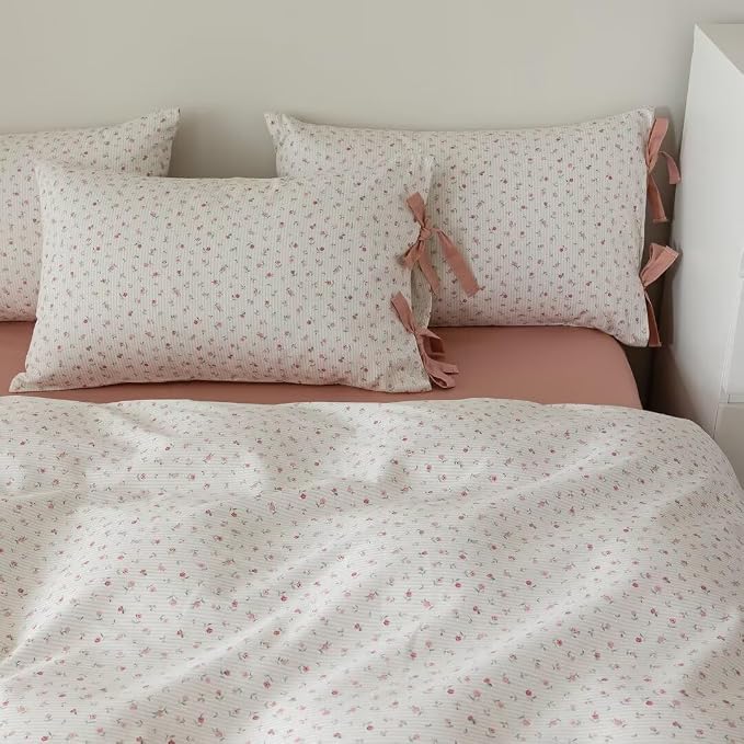 MKXI Cute Bow Tie & Pink Flower Stripes Duvet Cover Twin Size Cotton Bedding Set - Image 7