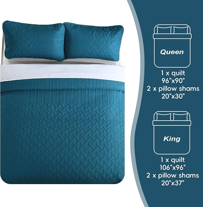 Yiran Teal Blue Quilt Set Queen Size Lightweight Bedspread Ultrasonic Wave - Image 8