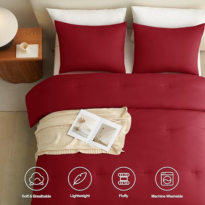 CozyLux Queen Comforter Set Dark Red, 3 Pieces Solid Comforters Queen Size - Image 5