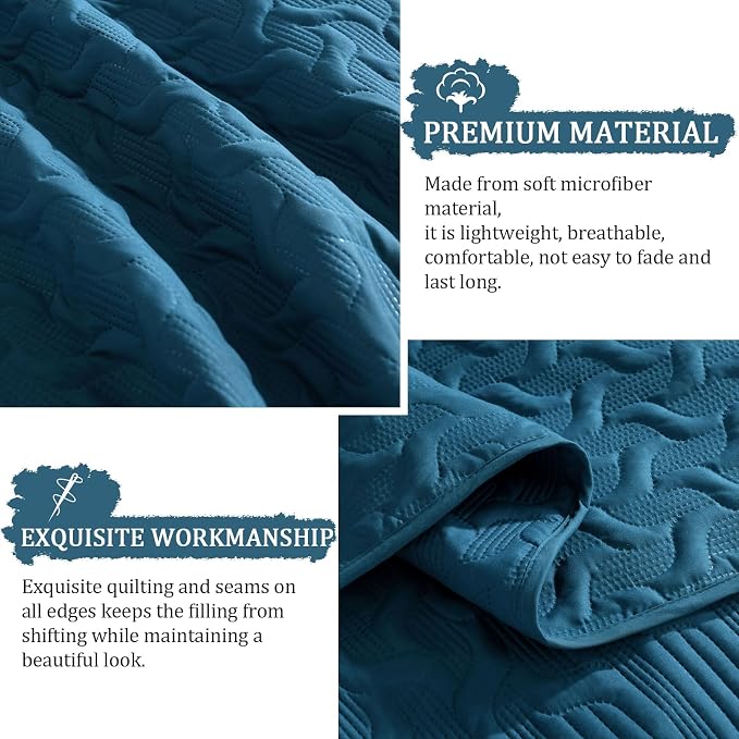 Yiran Teal Blue Quilt Set Queen Size Lightweight Bedspread Ultrasonic Wave - Image 6