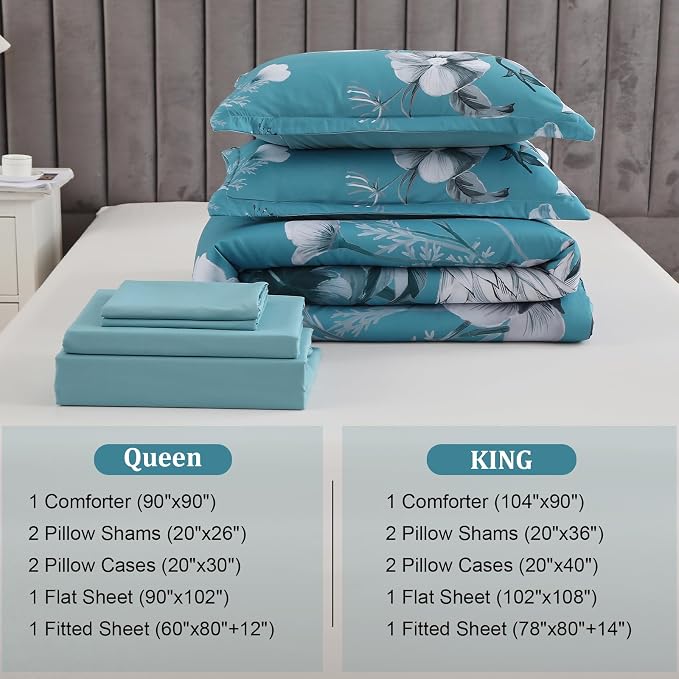Luxudecor Floral Comforter Set Queen Size 7 Piece, Teal Blue Flower Bed in a Bag - Image 7