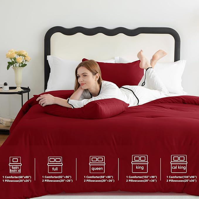 CozyLux Queen Comforter Set Dark Red, 3 Pieces Solid Comforters Queen Size - Image 7