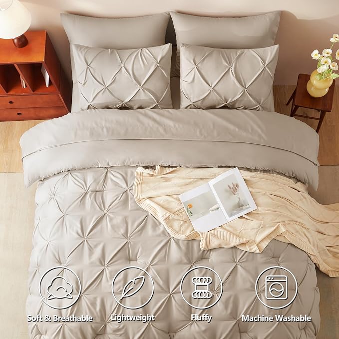 CozyLux King Size Comforter Set Wheat, 7 Pieces Pintuck Bed in A Bag Wheat - Image 2