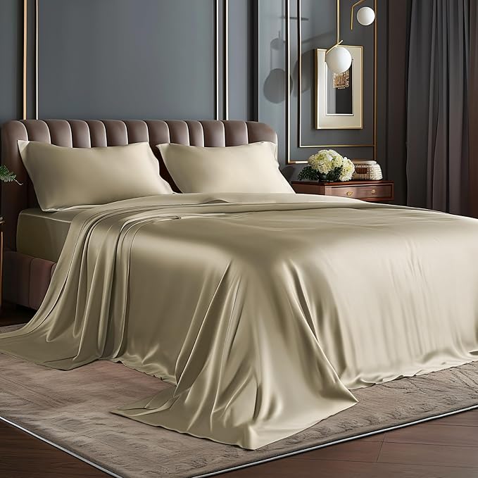 BEDELITE California King Sheets Set, Luxury Soft Taupe Satin Sheets by BEDELITE