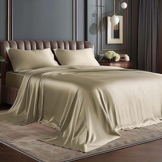 BEDELITE Satin Sheets Twin Size Bed Set, Luxury Soft Taupe Silky Sheets by BEDELITE