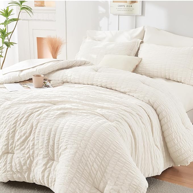 HYMOKEGE Ivory Duvet Cover Queen Size, Ultra Soft 3-Piece Seersucker Duvet - Image 6