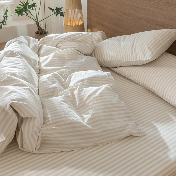 MooMee Striped Duvet Cover Set 100% Washed Cotton Linen Like Textured - Image 5