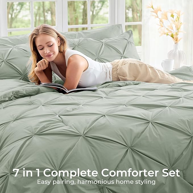 Sasttie Queen Comforter Set, 7-Piece Bed in a Bag, Pintuck Bedding Set - Image 6