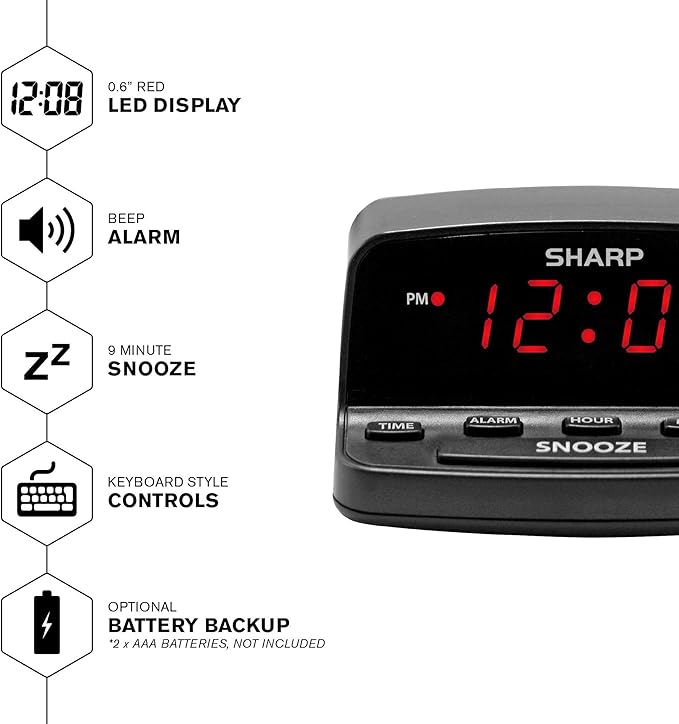 Sharp Digital Alarm Clock with Keyboard Style Controls, Battery Back-up - Image 3