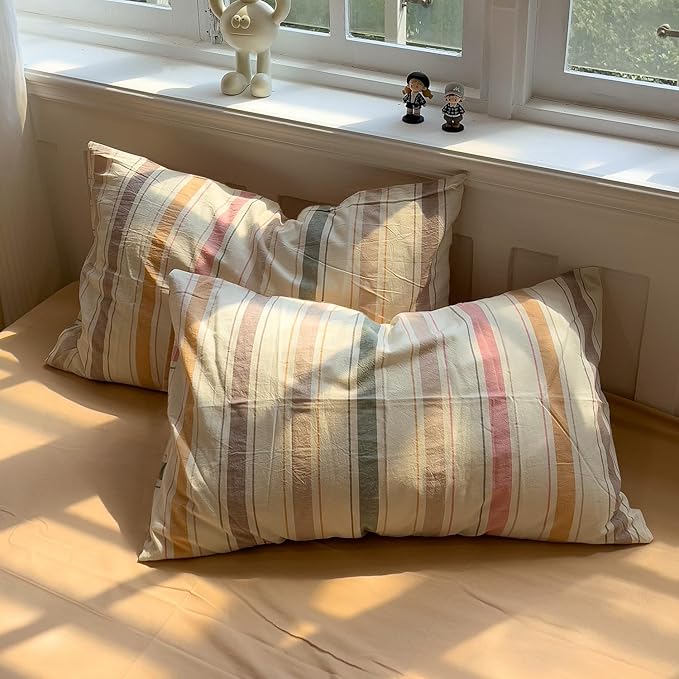 mixinni Vintage Striped Duvet Cover Set Queen, 3-Piece 100% Washed Cotton - Image 4