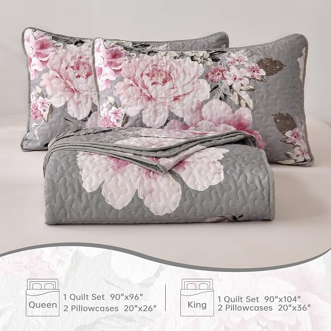 WONGS BEDDING Floral Quilt Set King, 3 Pieces Reversible Elegant Pink Flower - Image 7