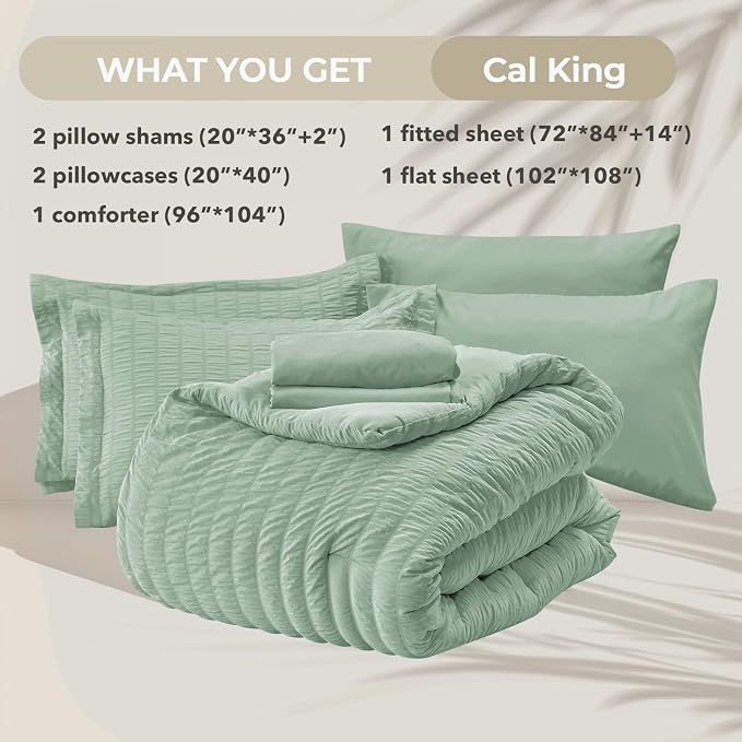 HYMOKEGE Sage Green California King Comforter Set Seersucker 7 Pieces, All - Image 5