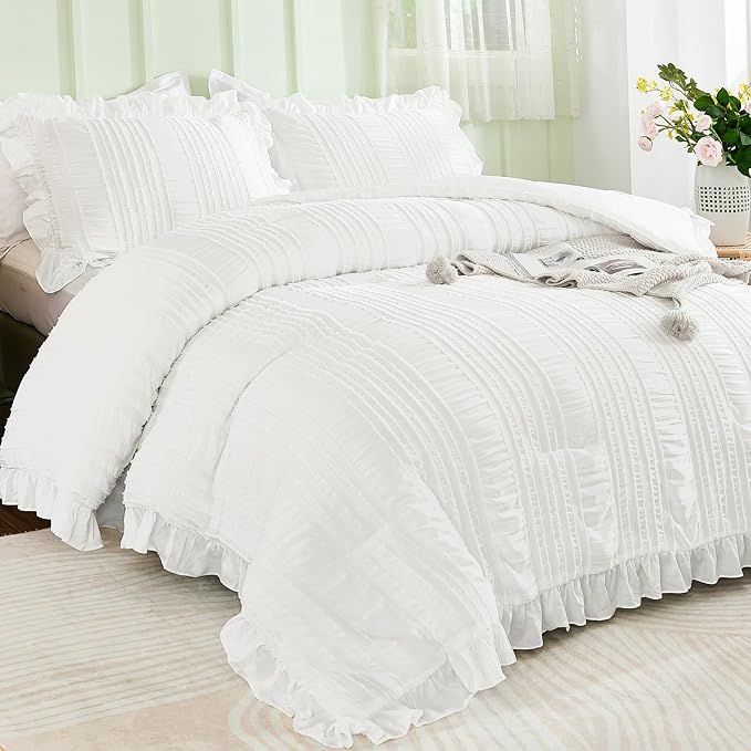 WONGS BEDDING White Comforter Set King, 3 Pieces Ruffle Farmhouse Shabby Chic - Image 2