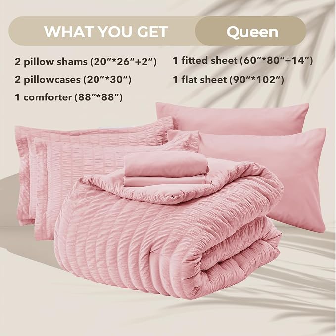 HYMOKEGE Pink Queen Comforter Set Seersucker 7 Pieces, All Season Luxury Bed in - Image 5
