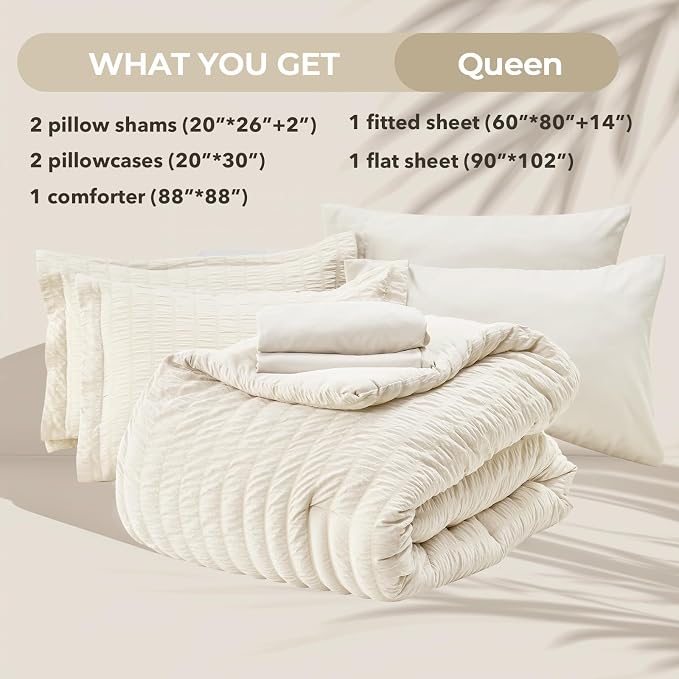HYMOKEGE Ivory Queen Comforter Set Seersucker 7 Pieces, All Season Luxury Bed - Image 5
