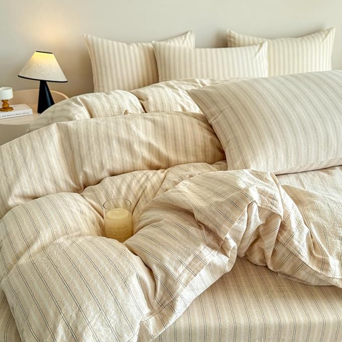 Nayoroom Striped Duvet Cover King Size 100% Washed Cotton Beige Duvet Cover - Image 5