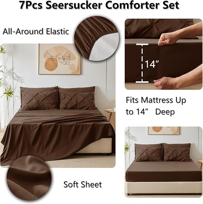 CozyLux Queen Comforter Set Brown, 7 Pieces Pintuck Bed in A Bag, Premium Brown - Image 6