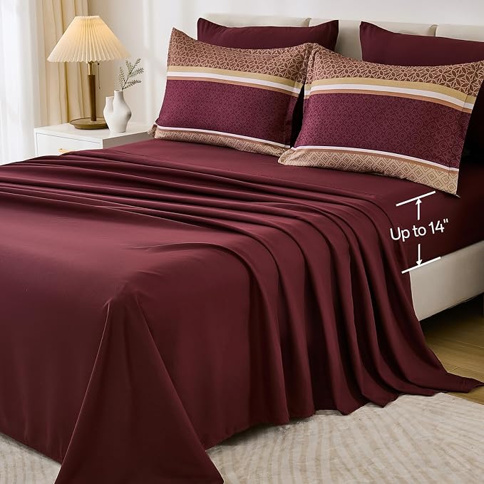 WONGS BEDDING Burgundy Comforter Set King Size, 7 Pieces Maroon Striped Bed in - Image 6