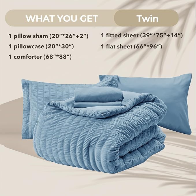 HYMOKEGE Mineral Blue Twin Comforter Set Seersucker 5 Pieces, All Season Luxury - Image 5