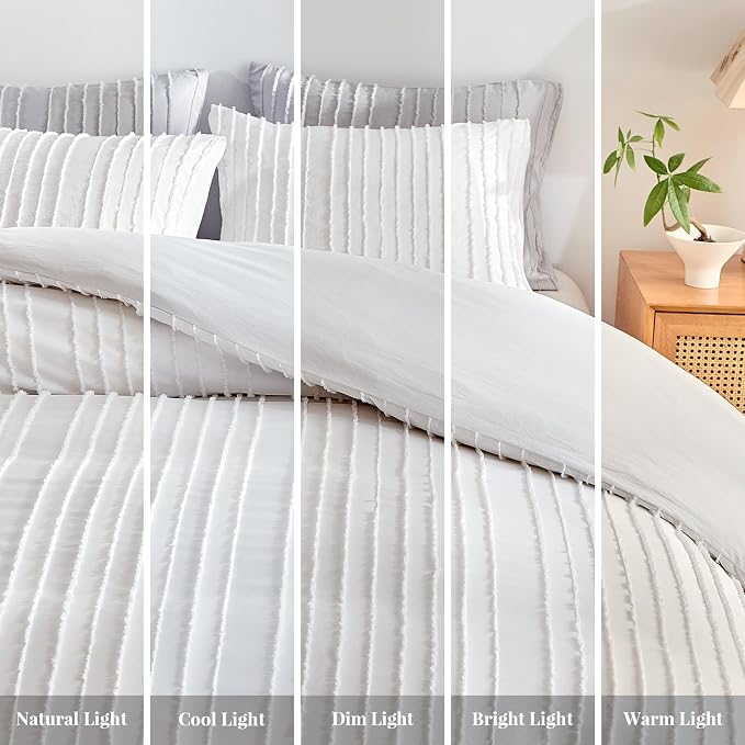 WARMDERN White Boho Duvet Cover Set King Size, Striped Textured Duvet Cover - Image 7