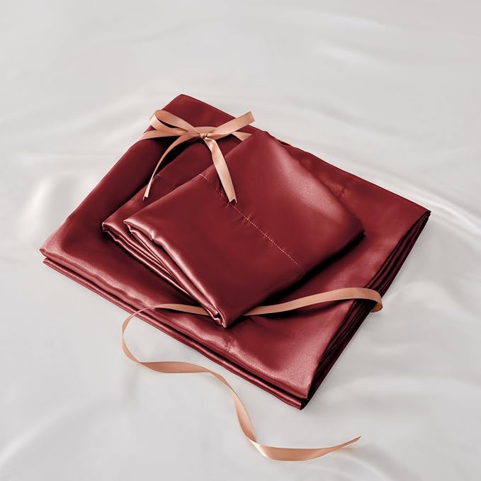 BEDELITE King Size Sheets Set, Luxury Soft Burgundy Satin Sheets - Image 7