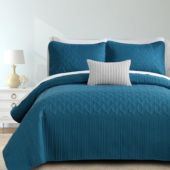 Yiran Teal Blue Quilt Set Queen Size Lightweight Bedspread Ultrasonic Wave by Yiran