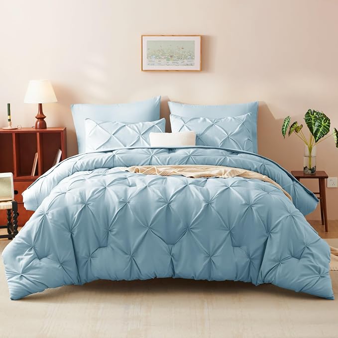 HIMEET Pintuck Bed in a Bag, 7 Pieces Full Size Comforter Set Light Blue - Image 9