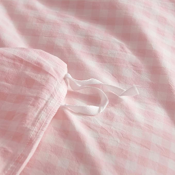 Nayoroom Gingham Duvet Cover Queen Size 100% Washed Cotton Pink Plaid Checkered - Image 6