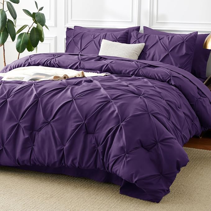 CozyLux King Size Comforter Set Purple, 7 Pieces Pintuck Bed in A Bag Purple by CozyLux