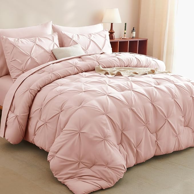 CozyLux King Size Comforter Set Peach Pink, 7 Pieces Pintuck Bed in A Bag Pink by CozyLux