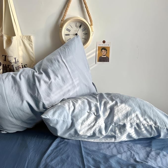 mixinni 100% Washed Cotton Duvet Cover Set King Size, Solid Light Blue Ocean - Image 7