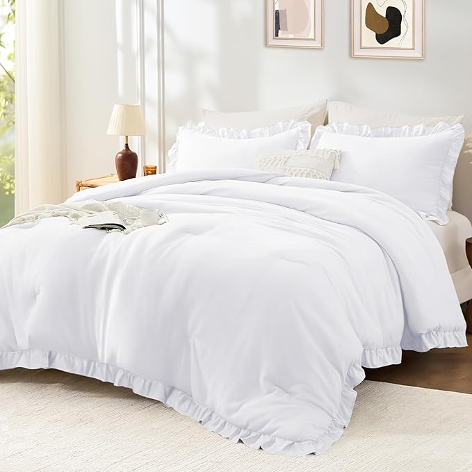 FUANNA Queen Comforter Set White 3 Pieces, Ruffle Shabby Chic Queen Bed Set by FUANNA