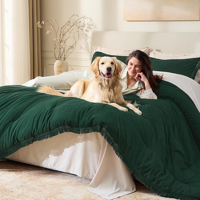 Andency Comforter Oversized King Dark Green 120x98, 3 Pieces Boho Winter - Image 3