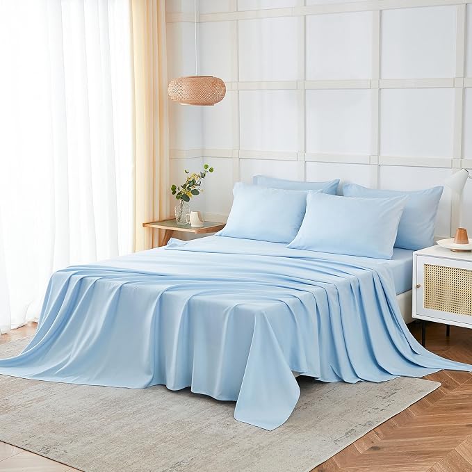 ILAVANDE King Size 6 Piece Bed Sheets Set, Baby Blue - Image 6