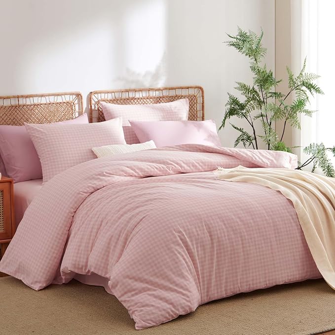 Nayoroom Gingham Duvet Cover Queen Size 100% Washed Cotton Pink Plaid Checkered - Image 2